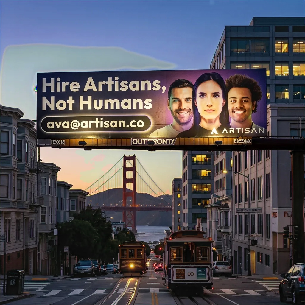 AI-generated image of an Artisan billboard in San Francisco reading 'Hire Artisans, Not Humans'